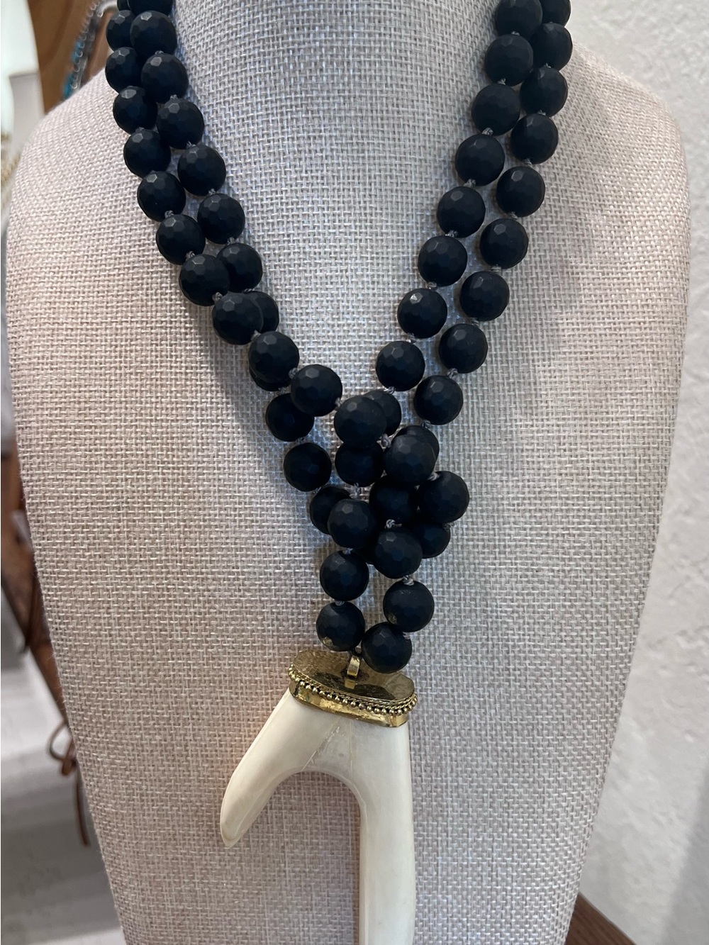 Matte Onyx Necklace with Ivory ox bone  Pendant- NEW